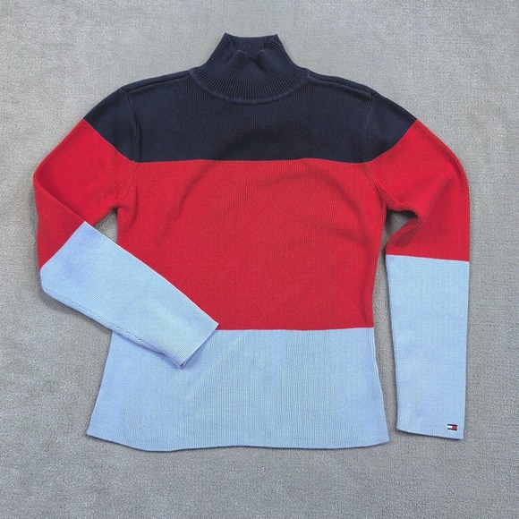 Vintage Tommy Hilfiger Sweater Womens Medium Multi Colorblock Mock Neck Cotton — photo 2